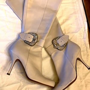 Donald Pliner ivory leather heeled boots with jeweled buckle size 10